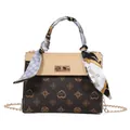 Beige and brown leather chain bag with vintage floral prints and silk scarf handle - Khaki