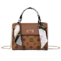 Brown Kelly style bag with B.Yang print, golden chain strap and silk scarf handle decor - Brown