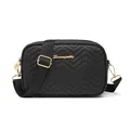 Black quilted crossbody camera bag with wave stitching and gold S-logo detail - Wave Style / Black