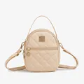 Beige quilted mini backpack for women featuring adjustable straps and gold metal hardware - Khaki