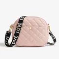 Pale pink quilted crossbody camera bag with wide LOVE printed strap and gold hardware - Pink