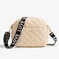 Beige quilted crossbody camera bag with Love logo strap and gold hardware details - Khaki