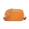 Mini orange crossbody bag with wave embroidery, V-shaped quilting and wide strap - Wave Style / Tan