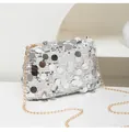 Detail of silver sequined crossbody bag with metallic finish and gold chain strap - Silver