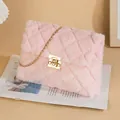 Pink plush crossbody bag with quilted rhombus pattern and golden chain strap - Pink