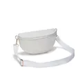 White corduroy crescent crossbody bag with adjustable strap and golden hardware accents - White
