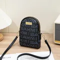 Small crossbody phone bag in black with blue letter prints and gold hardware zippers - Black