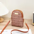Brown faux leather crossbody phone bag with SAKM letter print and dual zipper closure - Khaki