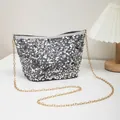 Chic silver sequin bucket bag for women with elegant golden metal chain strap - Silver