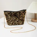 Sparkly gold sequin bucket bag for women with elegant golden chain shoulder strap - Black & Gold