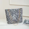 Silver sequin tote bag with gold chain strap, stylish shoulder bag with glitter finish - Silver