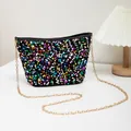 Fashionable multicolor sequin bucket bag with golden chain strap in black base - Black Multi-color