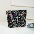 Sparkly black sequin tote bag with colorful glitter and golden chain shoulder straps - Black Multi-color