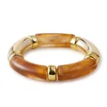 Bohemian stretch beaded bracelet featuring amber resin tubes and polished gold metal rings - Tortoise Texture Style (AB0009-3) / Amber