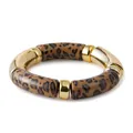 Bohemian elastic beaded bracelet with leopard print resin and polished gold metal tubes - Classic Leopard Style (AB0009-9) / Dark Brown
