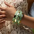 Retro acrylic elastic bracelet featuring green jade-texture beads and metallic accents - Light Green Three-Row Block Style (AB0034-4)