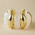 Elastic beaded bracelet with gold oval metal and white marble resin stones - White Marble Style (AB0037-1)