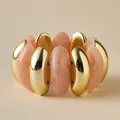 Bohemian stretch bracelet with gold metal bars and pink marble resin blocks for women - Pink Marble Style (AB0037-2)