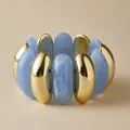 Bohemian stretch bracelet featuring light blue marbled resin and gold flat tube beads - Blue Marble Style (AB0037-3)
