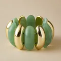 Elastic beaded bracelet with gold-tone links and translucent grass green resin accents - Green Marble Style (AB0037-4)
