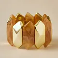 Elastic wide bracelet with alternating golden prisms and amber marble resin textures - Amber Brown (AB0038-6)