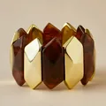 Elastic wide bracelet with gold metal and brown tortoiseshell acrylic geometric links - Tortoiseshell Brown (AB0038-7)