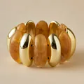Elastic beaded bangle with amber-style acrylic resin and polished gold-tone metal tubes - Amber Marble Style (AB0037-6)