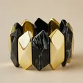 Elastic geometric bracelet featuring black marble resin and golden metal accents - Black Marble (AB0038-8)