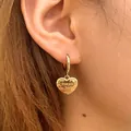 Golden heart drop hoop earrings with textured finish and engraved love you lettering - You Love You Heart Style (KE1772)