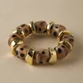 Elastic leopard print chunky bracelet with gold-plated cuboid beads for women - Leopard Rounded Cube Style (AB0065-7)