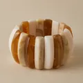 Elastic leopard acrylic bracelet featuring white and amber resin segments in wide band style - Amber Color Blocking (AB0063-4)