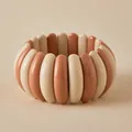 Detail of macaron resin chunky elastic bracelet featuring beige and brick red smooth blocks - Brick Red And Beige Patchwork Style (AB0067-4) / Color Block