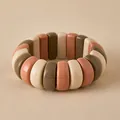 Close-up of chunky earth-tone resin beaded elastic bracelet in cream, red, and olive brown - Three-Color Earthy Tones Patchwork Style (AB0068-7)