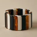 Bracciale elastico a blocchi larghi in resina nera, bianca e tartarugata, boho - Stile Blocco Tricolore Giuntato (AB0064-9)