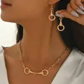 Elegant gold horsebit necklace and earrings set with textured spiral details for women - Horsebit Necklace Earrings Set (XL5911) / Gold