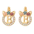Detail of gold unicorn earring with letter B, floral accents and pavé cubic zirconia - Gold Letter B Style (SF1012-B)