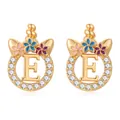 Détail de boucles d'oreilles licorne dorées avec lettre E, zircone et fleurs en émail - Style Lettre E Doré (SF1012-E)