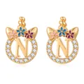 Détail de boucles d'oreilles licorne dorées avec lettre N, fleurs en émail et oxydes de zirconium - Style Lettre N Doré (SF1012-N)