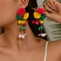 Detail of vibrant layered chiffon flower drop earrings with a bohemian aesthetic style - Multicolor Combination (EH5557-1)