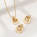 Golden geometric interlocking ring jewelry set with sleek necklace and earrings - Interlocking Triple Circles Jewelry Set (Gold)(XL5931)