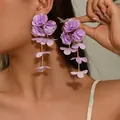 Detail of purple chiffon flower drop earrings with layered fabric petals and gold chain - Light Purple (EH5557-5)