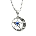 Macro view of vintage steel crescent moon and pentagram pendant with a blue gemstone - Pendant Only / Blue Zirconia