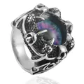 Macro detail of gothic stainless steel ring with dragon eye stone and skull carving - Size 7 / Mysterious Purple Eye