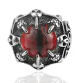 Retro punk dragon claw ring with red gemstone and skull embossing on silver steel - Vertical Red Eyes / Size 7