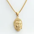 Detailed close-up of golden Buddha head pendant featuring a classic box chain design - Gold Color (No Chain)