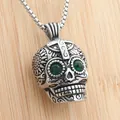 Gothic punk skull pendant in aged stainless steel with green gemstone eyes on pearl chain - Silver Skull Pendant With Necklace