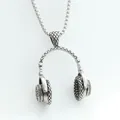 Detailed view of punk style headphone pendant with vintage grid texture and box chain - Charm / Antique Silver / Pendant Only (Without Chain)