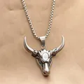 Détail du pendentif tête de taureau avec pierre blanche et chaîne en acier argent - Pendentif Uniquement (Sans Chaîne) (280603) / Blanc
