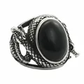 Punk vintage snake ring with large black oval stone in polished stainless steel - US 7 / Silver