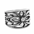 Macro shot of vintage titanium steel hollow ring with central clear crystal stone - US 7 / Silver White Zirconia